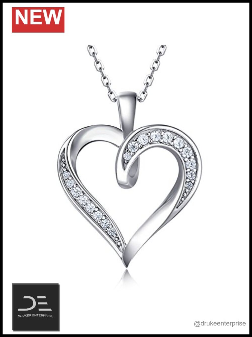 925 Sterling Silver Interlocking Heart Necklace Platinum Plated Round CZ